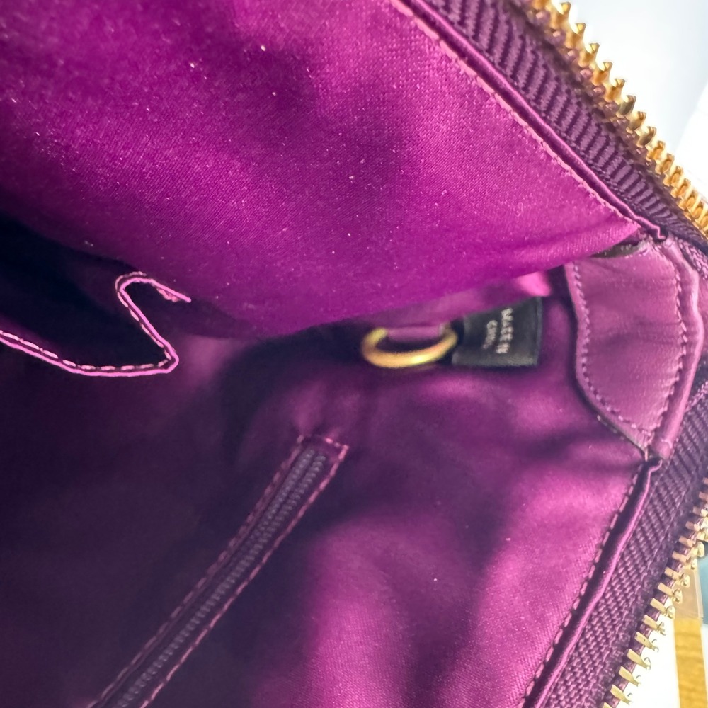 Coach Signature Stripe Tote Women Medium Khaki Purple Patent Leather 12429 Y2K - Picture 2 of 14